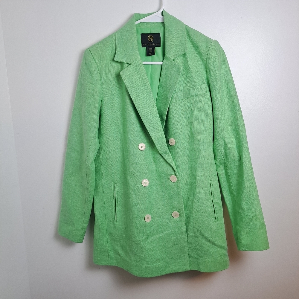 House Of Harlow Light Green Linen Blend Long Double Breasted Blazer Jacket Sz XS